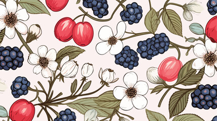 Seamless pattern with hand drawn flowers and berries