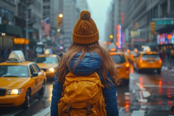 A woman facing away, looking down a busy New York street filled with iconic yellow cabs and wet,...