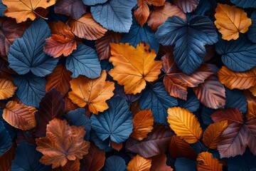 Patterned display of blue and orange maple leaves exemplifying the vibrant fall season