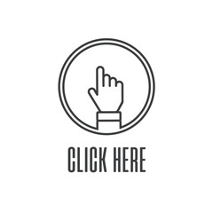 Obraz premium Click here the button. Hand sign with touching a buttons or pointing finger. Hands cursor icon.