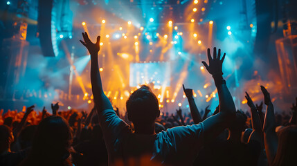 Crowd at concert raising hands, enjoying music in magentalit venue