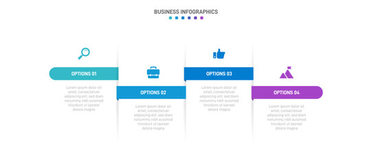 Timeline infographic with infochart. Modern presentation template with 4 spets for business process. Website template on white background for concept modern design. Horizontal layout.