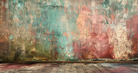Grunge texture, vintage artistic backdrop, featuring a worn, multicolored concrete wall and a rustic aged floor.	