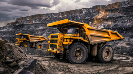Title: Massive Yellow Mining Dump Trucks Operating in an Open-Pit Mine