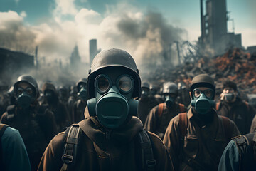 people in mask are walking in a dangerous radioactive zone ,smoke everywhere, battlefield, warzone - obrazy, fototapety, plakaty