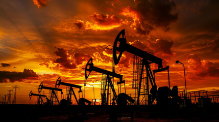 Oil Pump Jacks Silhouetted Against a Sunset Sky