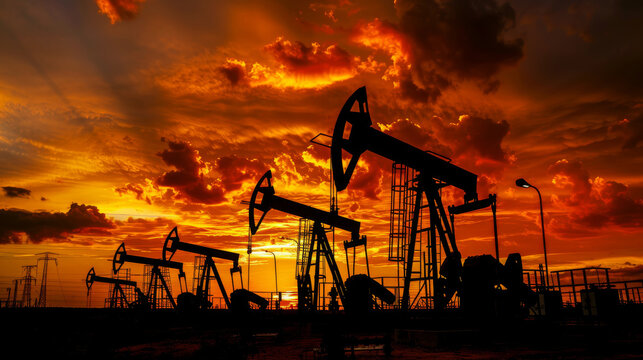 Oil Pump Jacks Silhouetted Against a Sunset Sky