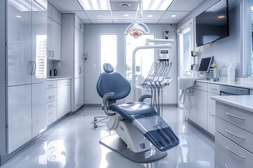 A modern dental clinic room featuring a blue dental chair, clean white surfaces, and advanced dental equipment