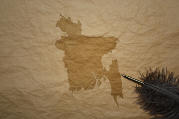 map of bangladesh on a old paper background with old pen