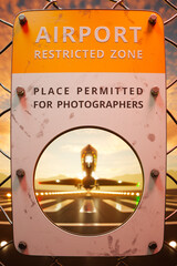 Photographic Zone Warning Sign Against Sunset Sky At Busy Airport