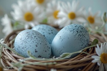 Naklejka na ściany i meble Three Blue Eggs in a Wicker Nest With Blue Flowers