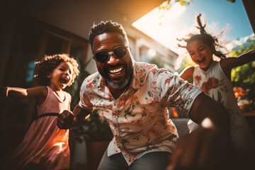 father and daughters of color laughing and dancing in the yard of the house on a sunny day - obrazy, fototapety, plakaty