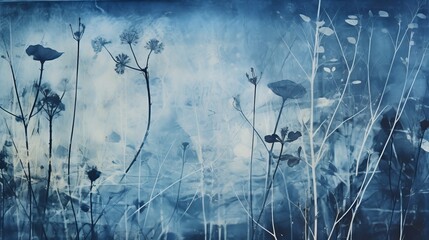 Weed and roots are depicted in a cyanotype print, showcasing the natural beauty of botanical specimens in shades of blue.