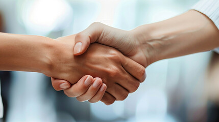 A close-up of a leader's hand shaking another team member's hand, symbolizing trust and respect in leadership, with copy space
