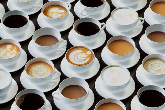 Array of Coffee Varieties in Cups Displayed in Aerial View