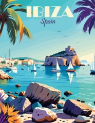  Ibiza, Spain Travel Destination Poster in retro style. Coastal vintage colorful print. European summer vacation, holidays concept. Vector art illustration. © Creative_Juice_Art