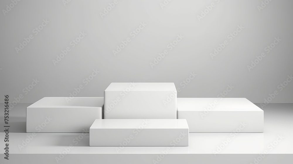 Wall mural white square podiums bathed in sunlight cast shadows on a white background, creating a trendy fashio