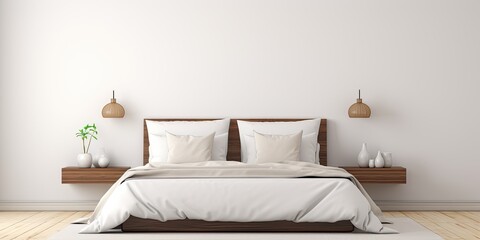Minimalistic bedroom with white-linened bed and night table lamps.
