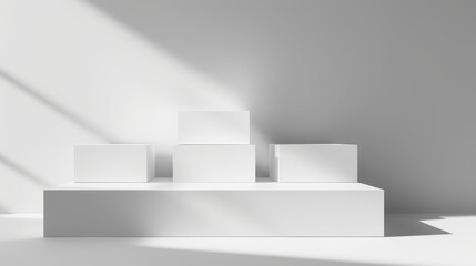 White square podiums bathed in sunlight cast shadows on a white background, creating a trendy fashion showcase ideal for cosmetic products, goods, shoes, bags, and watches.
