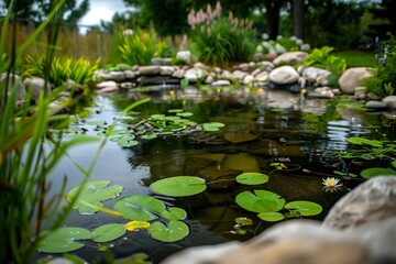 Water Conservation Awareness on Earth Day A Serene Pond with Rainwater Harvesting Systems in a Sustainable Landscape
