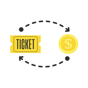 Buying ticket for money. Buy or selling tickets concept. Sale purchase transaction. Vector illustration in flat style. EPS 10.