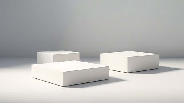 White square podiums bathed in sunlight cast shadows on a white background, creating a trendy fashion showcase ideal for cosmetic products, goods, shoes, bags, and watches.