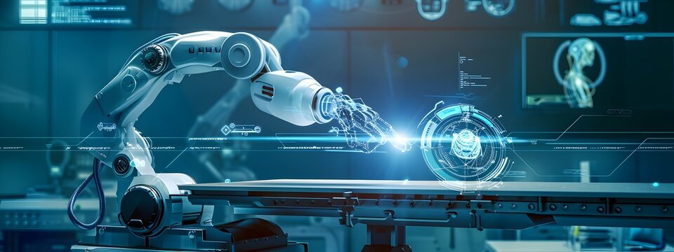 A modern robotic hand is placed on a table in a light black and electronic environment exuding a sense of futuristic technology, artificial intelligence, industry technology concept