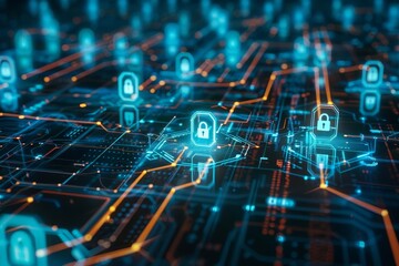 Fototapeta premium Cybersecurity concept visualized with digital locks and shields Safeguarding data against cyber threats in a networked environment