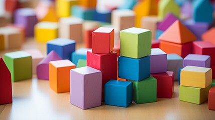 Wooden blocks in different primary shapes and colors are designed for children, offering educational and playful elements for learning and creativity.