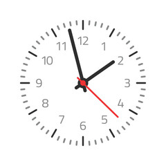 Clock face with hour, minute and second hands and numbers. Vector illustration in simple design, isolated on white background.