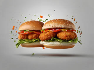 Flying fresh crispy fried chicken burger sandwich with flying ingredients and on on gray background. AI Generated.