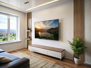 The TV is hanging right on the wall in a bright interior the view is straight generative ai