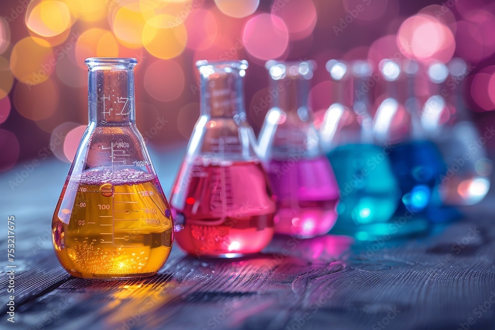 Poster bright yellow chemical solution in a conical flask against a colorful bokeh lights background in a r