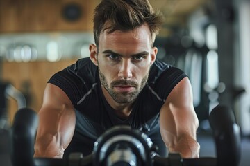 Focused athlete on a cycling machine in a modern fitness center Demonstrating endurance and strength in a workout session - obrazy, fototapety, plakaty