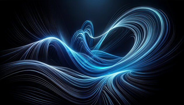 Ondulações luminosas azuis sobre fundo negro, evocando movimento fluido e luz vibrante em uma cena abstrata.