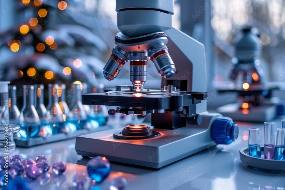Poster high tech microscope with multiple lenses in a research laboratory, portraying cutting-edge science 