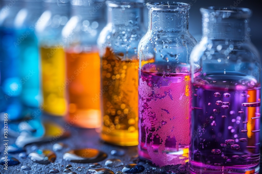 Poster a close-up shot capturing multiple vials with vibrant liquid contents representing research, testing