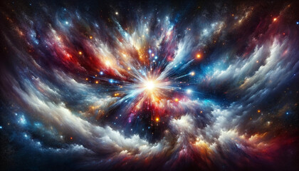 A imagem foi criada com um fundo galáctico e a cor reminiscente de uma explosão de estrelas, buscando capturar a magnificência do espaço e a vibrante energia de eventos estelares. - obrazy, fototapety, plakaty