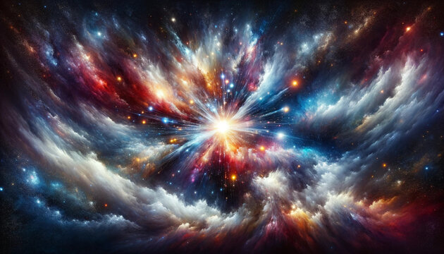 A imagem foi criada com um fundo galáctico e a cor reminiscente de uma explosão de estrelas, buscando capturar a magnificência do espaço e a vibrante energia de eventos estelares.