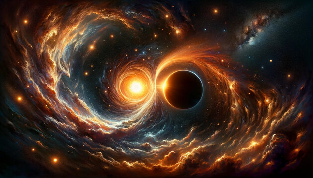 
A imagem mostra um buraco negro e uma estrela nascendo, capturando sua intera&ccedil;&atilde;o dram&aacute;tica no cosmos abstrato, refletindo a cria&ccedil;&atilde;o e gravidade universais.