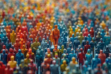 Fototapeta premium A sharp individual stands out amidst a blur of colorful, indistinct miniature figures in a crowd scene