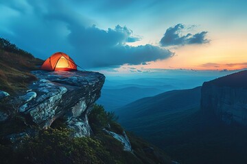 Mountainous camping scene during twilight Showcasing a tent perched on a cliff with panoramic views of the valley below - obrazy, fototapety, plakaty
