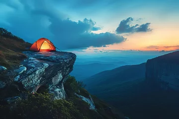 Selbstklebende Fototapeten Mountainous camping scene during twilight Showcasing a tent perched on a cliff with panoramic views of the valley below © Bijac