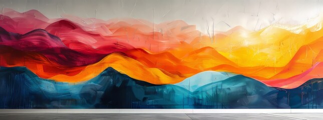 Vibrant abstract mural depicting stylized mountain landscape in bold shades of orange, red, and blue, against a textured white backdrop.