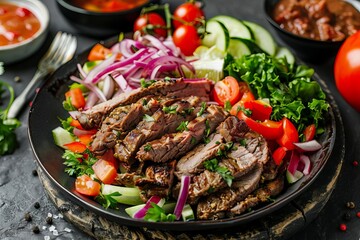 Shawarma plate presentation in a rustic setting With succulent slices of meat Fresh vegetables And tangy sauce Ready to be enjoyed