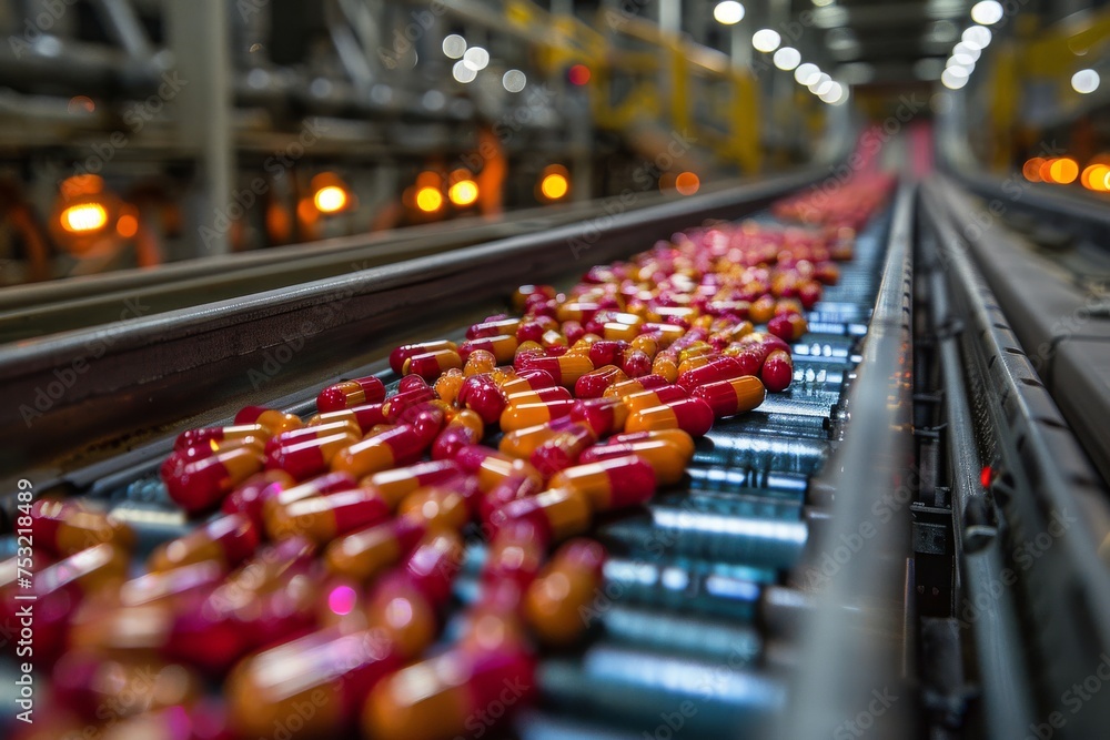 Poster a busy manufacturing setting with a conveyor belt transporting vivid red bottles in a factory