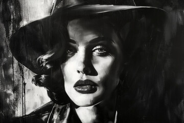 Woman wearing a hat and a coat characterized as a classic detective or gangster look. Femme fatale illustration. Noir illustration. Portrait of 40s or 50s detective. - 753218417