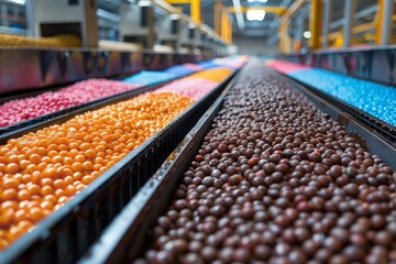 Fototapeta premium An industrial perspective shows conveyor belts filled with colorful candies, depicting large-scale confectionery production
