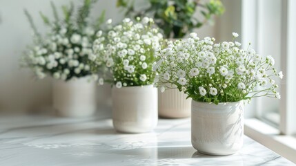 two cylindrical planters in a ceramic mug style, showcasing delicate white flowers.