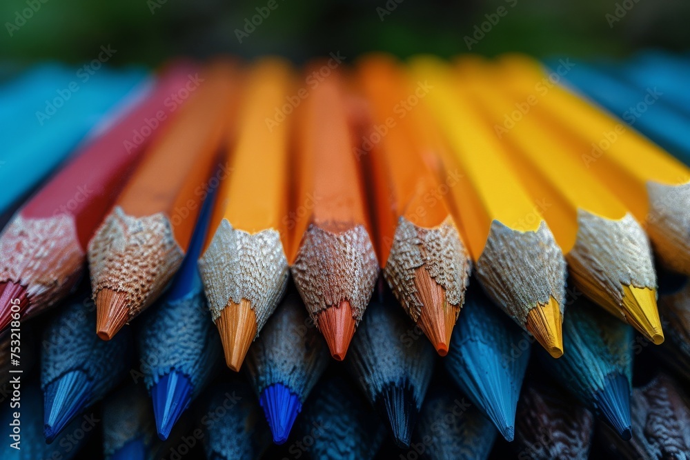 Poster a vibrant image with an array of sharp colored pencils neatly aligned, depicting creativity and orde